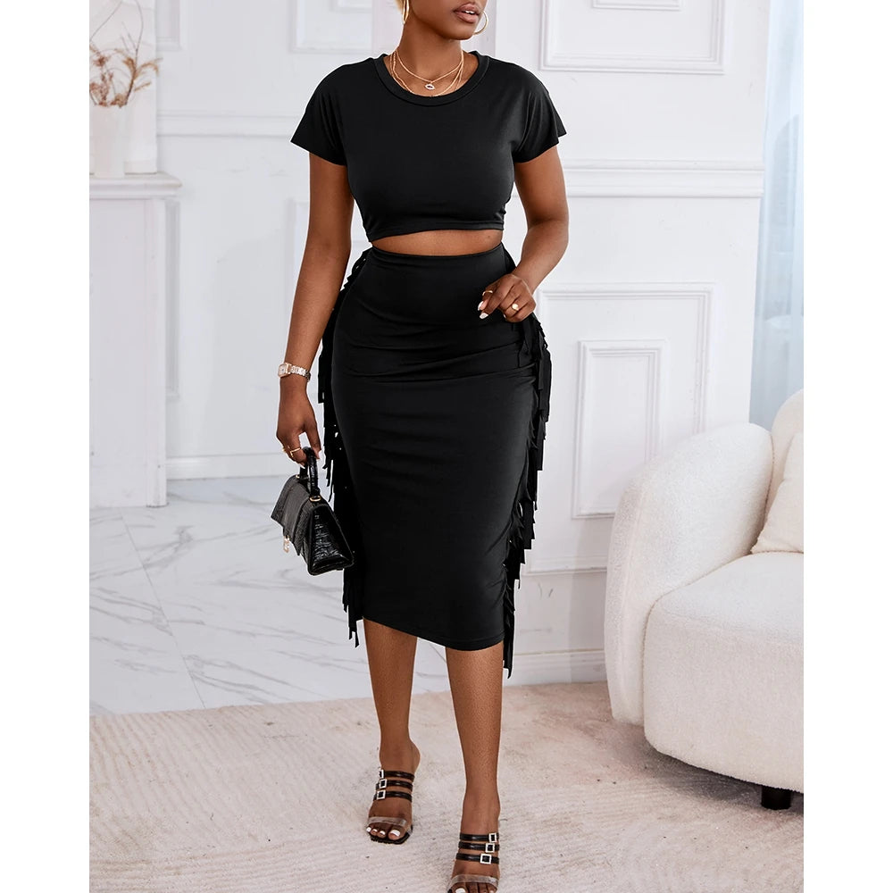 Women's Letter Print Crop Top and High Waist Long Skirt Set, Summer Workwear, Casual Tassel, Female Party Dress Sets, New, 2Pcs