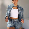 FAGADOER Fashion Denim Embroidery Shorts Two Piece Sets Women Zipper Long Sleeve Coat And Shorts Outfits Female Cowboy 2pcs Suit