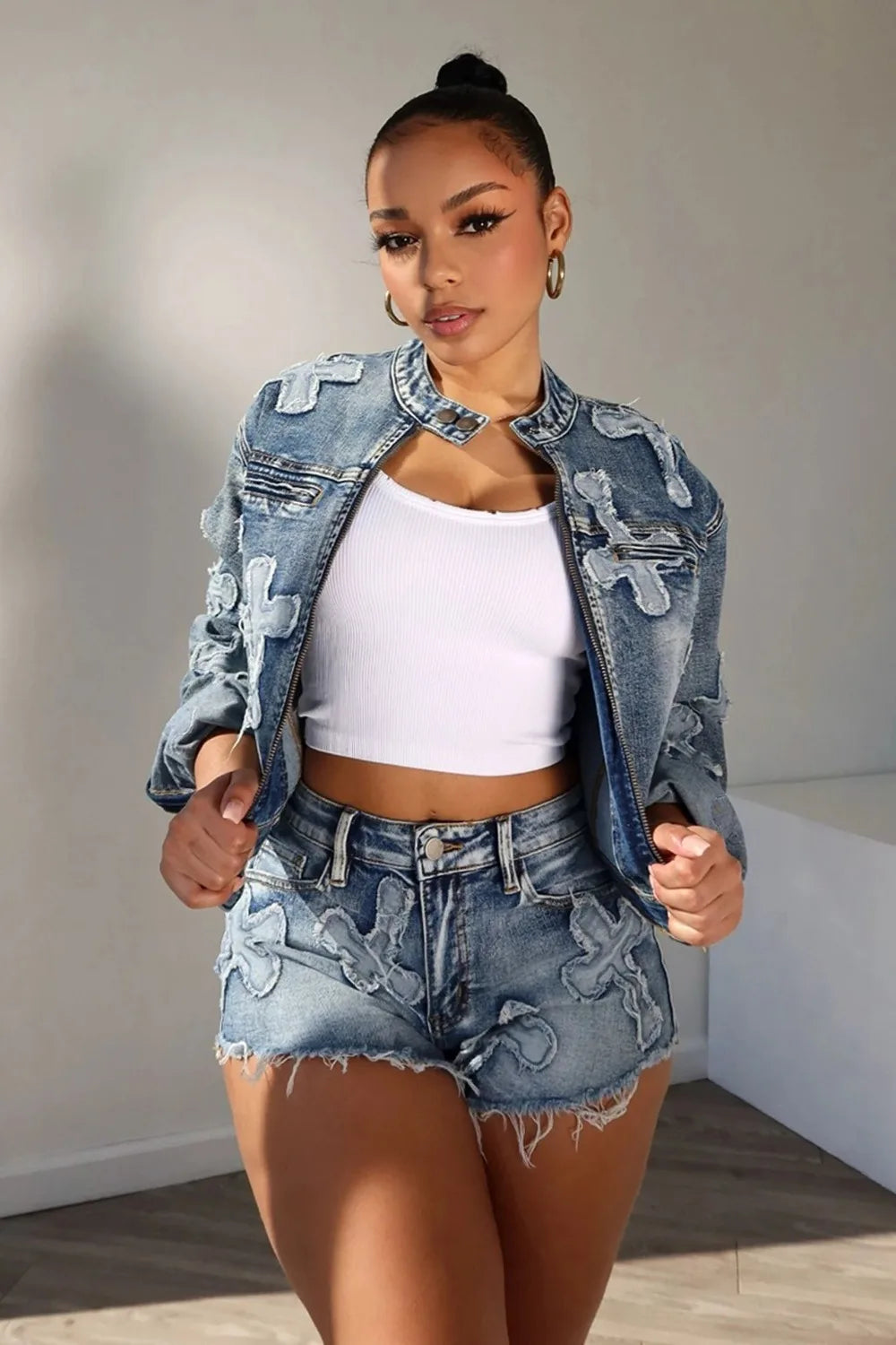 FAGADOER Fashion Denim Embroidery Shorts Two Piece Sets Women Zipper Long Sleeve Coat And Shorts Outfits Female Cowboy 2pcs Suit