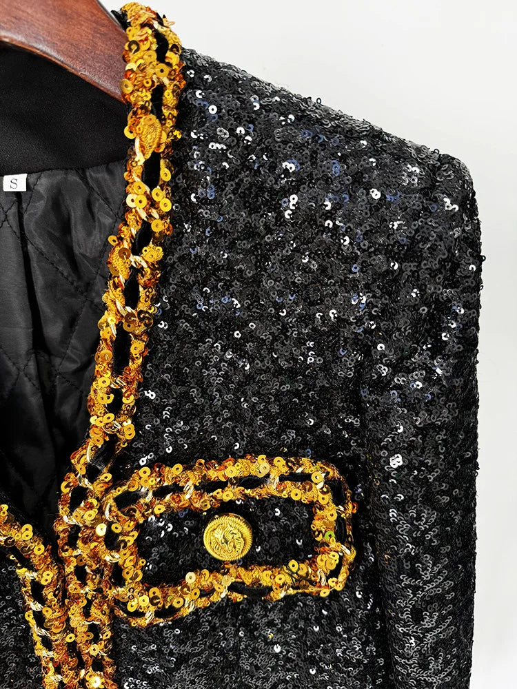 Fashion 2024 Designer Women's Gold Chains Sequined Jacket Coat Outfit Spring