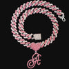 Hip Hop Bling Pink Crystal Cursive Initial Letter Cuban Necklace for Women Iced Out Paved Cuban Chain Necklace Choker Jewelry