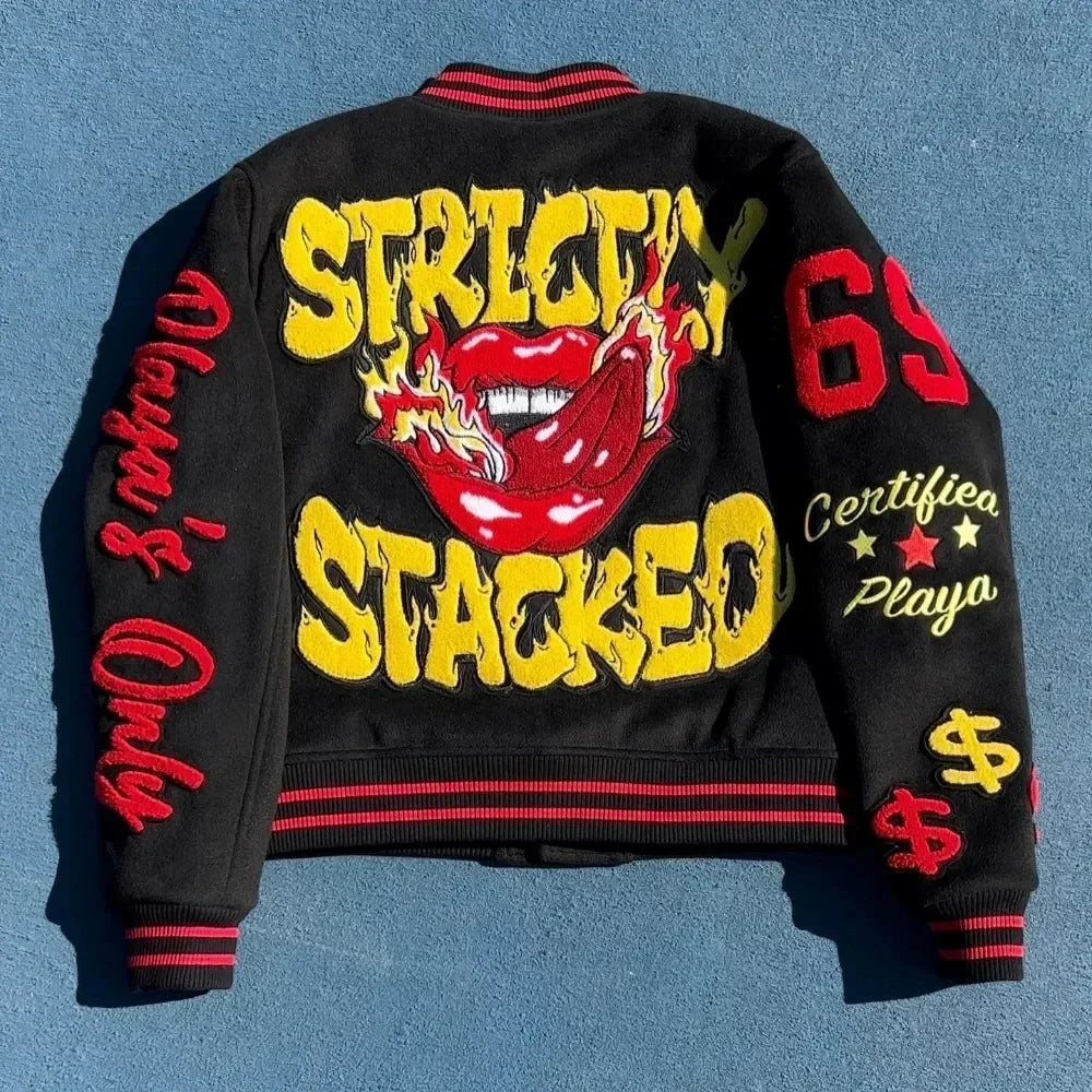 Street Popular Letter Flocking Embroidered Jacket And Coat Men 2023 New Y2K Harajuku Hip Hop Spliced Motorcycle Baseball Uniform