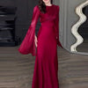 Vintage High Waisted Women Satin Long Dress New Ladies Temperament Crew Collar Dresses Elegant Slim Long Sleeve Banquet Dresses