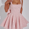Mozision Pailletten-Kleid mit Schleife am Rücken, rückenfrei, sexy Mini-Kleid für Damen, modisches Etuikleid mit eckigem Ausschnitt, ärmellos, hohe Taille, A-Linie, Clubkleid