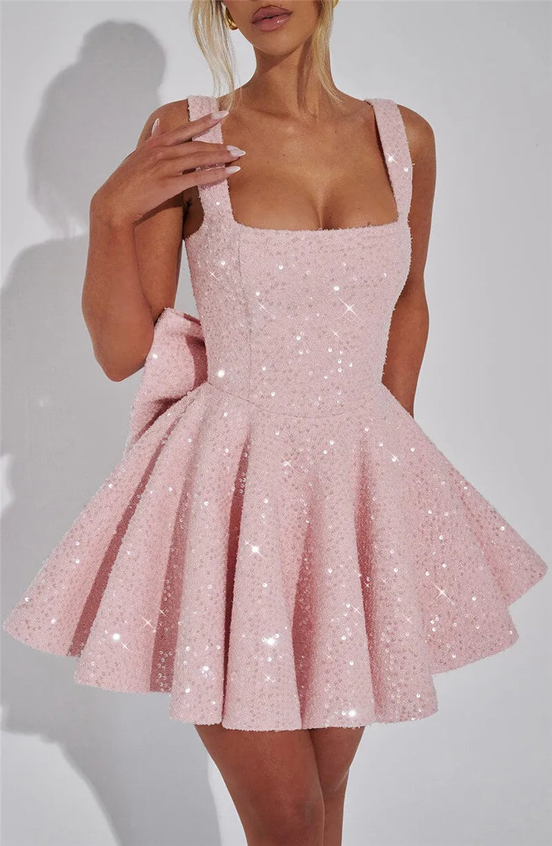 Mozision Pailletten-Kleid mit Schleife am Rücken, rückenfrei, sexy Mini-Kleid für Damen, modisches Etuikleid mit eckigem Ausschnitt, ärmellos, hohe Taille, A-Linie, Clubkleid