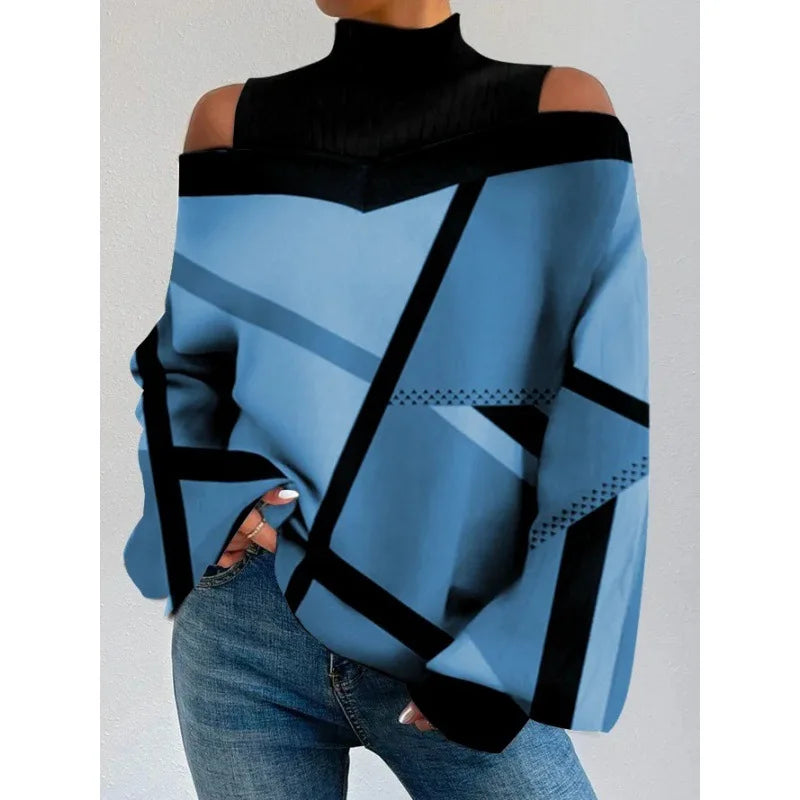 2024Damen Langarm Rollkragenpullover Damen Sexy schulterfrei ausgehöhlte lockere bedruckte T-Shirts 2024 Herbst Mode T-Shirt Top