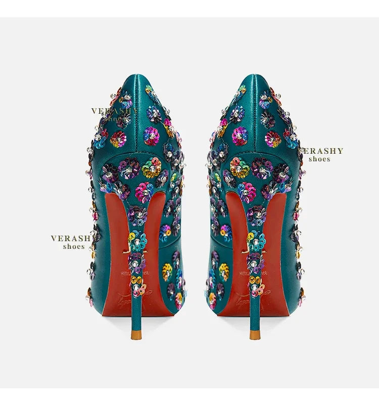 2025 Spring New High Heels Women's Embroidered Beaded Black Sexy Queen's Heel 10-12cm Pointed