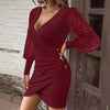 Elegant Women's Lace Stitching Mini Dress Spring Autumn Fashion Sexy V-neck Slim Long-sleeved Party Dresses  Female Clothing