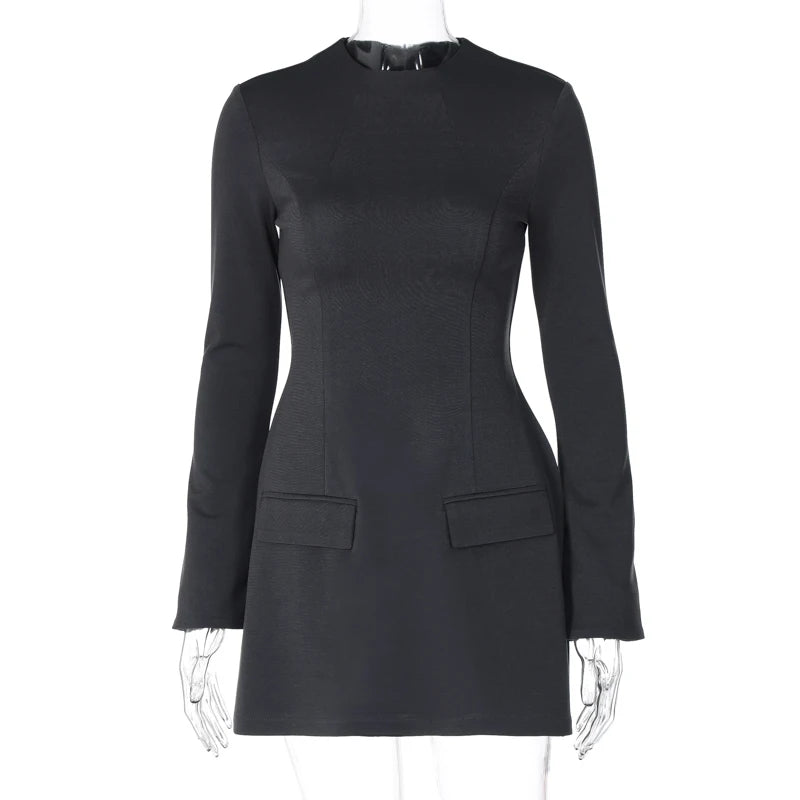 Dulzura Langarm Reißverschluss Bodycon Minikleid mit Taschen Einfarbig Elegantes Outfit Büro Streetwear Damen Herbst Winter Kleidung