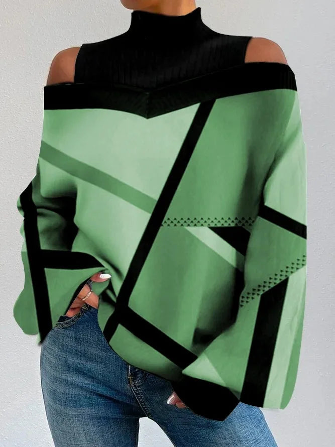 2024Damen Langarm Rollkragenpullover Damen Sexy schulterfrei ausgehöhlte lockere bedruckte T-Shirts 2024 Herbst Mode T-Shirt Top