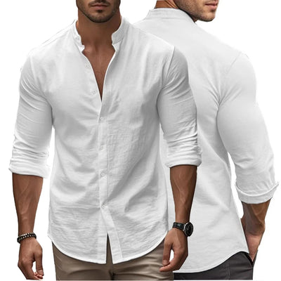 Frühlings- und Sommerherrenhemd Baumwollleinen Slim Casual Hawaii Einfarbig Basic Stil Atmungsaktives Herren-Allround-Oberteil