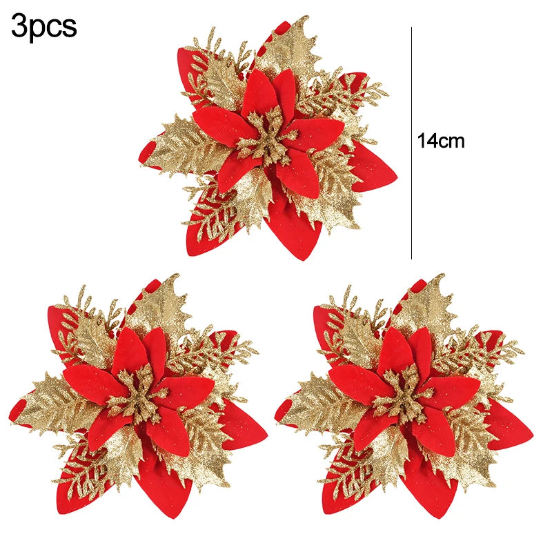 3/10Stück 14cm Weihnachtsblumen Glitzer Rot Gold Blütenkopf Weihnachtsbaumschmuck Neujahrsdekorationen für Zuhause Navidad Noel Geschenke