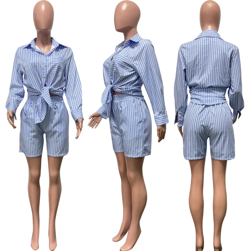 Two Piece Short Sets Women Striped Single Breasted Cardigan Blouses Shorts Elastic Waist Shirt Suit Casual Outwear Summer