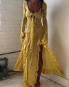 Sommerliches, figurbetontes, durchsichtiges, sexy Hot-Girl-Kleid, elegantes, einfarbiges V-Ausschnitt-Kleid mit Trägern, langen Ärmeln, Rüschen, Schlitz und langem Rock