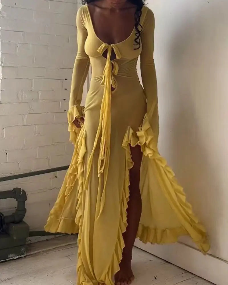 Sommerliches, figurbetontes, durchsichtiges, sexy Hot-Girl-Kleid, elegantes, einfarbiges V-Ausschnitt-Kleid mit Trägern, langen Ärmeln, Rüschen, Schlitz und langem Rock