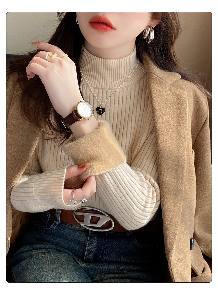 Damen Rollkragenpullover Winter 2025 Retro Rot mit Samtfutter Verdickter Innerer Thermostrickboden
