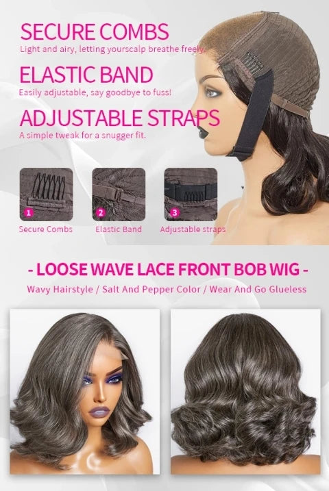 Salz-und-Pfeffer Loose Wave Lace Front Bob Perücke Echthaar Seitenscheitel 5x5 HD Verschluss Lace Perücke Ready To für schwarze Frauen