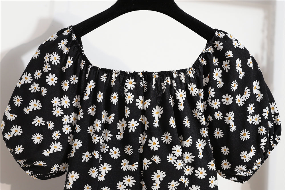 Damen Minikleider Sommer Mode Damenkleider Bedruckte Chiffonkleider mit Blumenmuster, gerafft, plissiert, kurze Puffärmel, Freizeitkleid