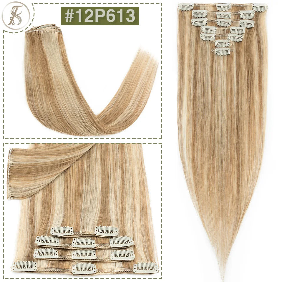 TESS 7Pcs/Set Human Hair Clip In Hair Extensions Natural Extension 14"-24" Full Head Blonde Human Hair Clip Ins Remy Hair Pieces