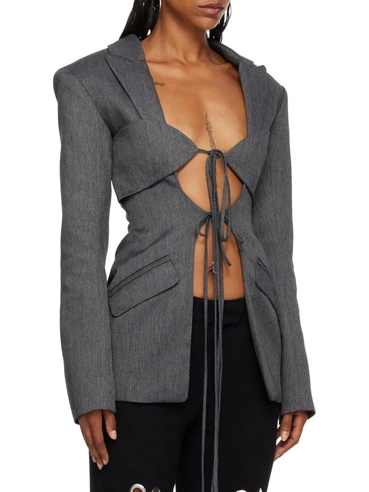 TWOTWINSTYLE Patchwork Lace Up Hohl-Blazer für Damen mit gekerbtem Kragen, langen Ärmeln, Tunika, Designer-Blazer, weibliche Mode Neu