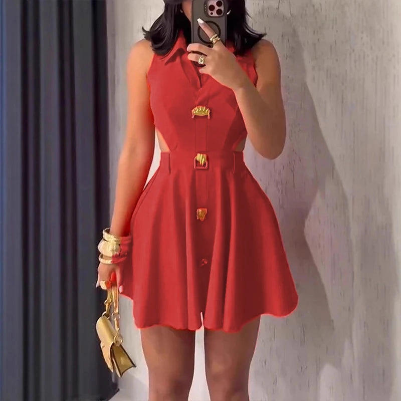 Summer Solid Color High Waist Pleated Dresses Office Lady Lapel Button A-line Dress Sexy Hollow Out Sleeveless Slim Short Dress