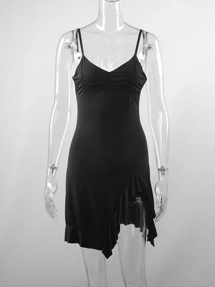 Sexy Sommer Minikleid Damen Neue Schwarze Mode Streetwear Ärmellos Rückenfrei Falten Split Kleid Elegantes Party Spaghetti-Träger A-Linien-Kleid