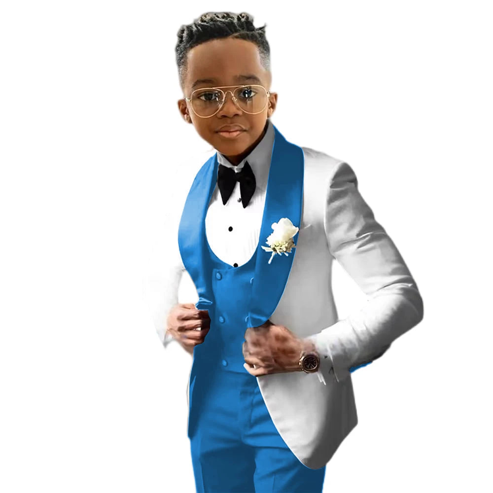 Suit for Boys Wedding Tuxedo 3 Piece White Jacket Royal Blue Pants Vest Kids Blazer Set Slim Fit Tailored Outfit
