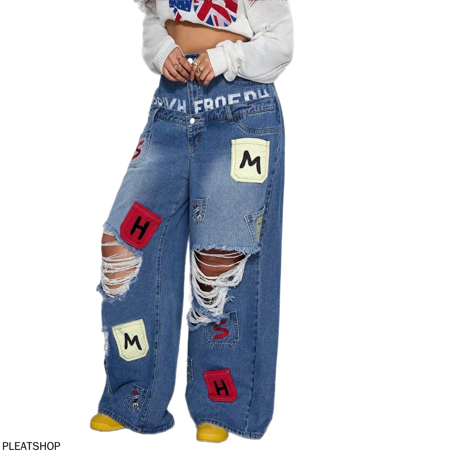 European and American High Street Ripped Jeans Women Double Waist Letter Patch Wide Leg Pants Floor Mopping Pants Loose Straight
