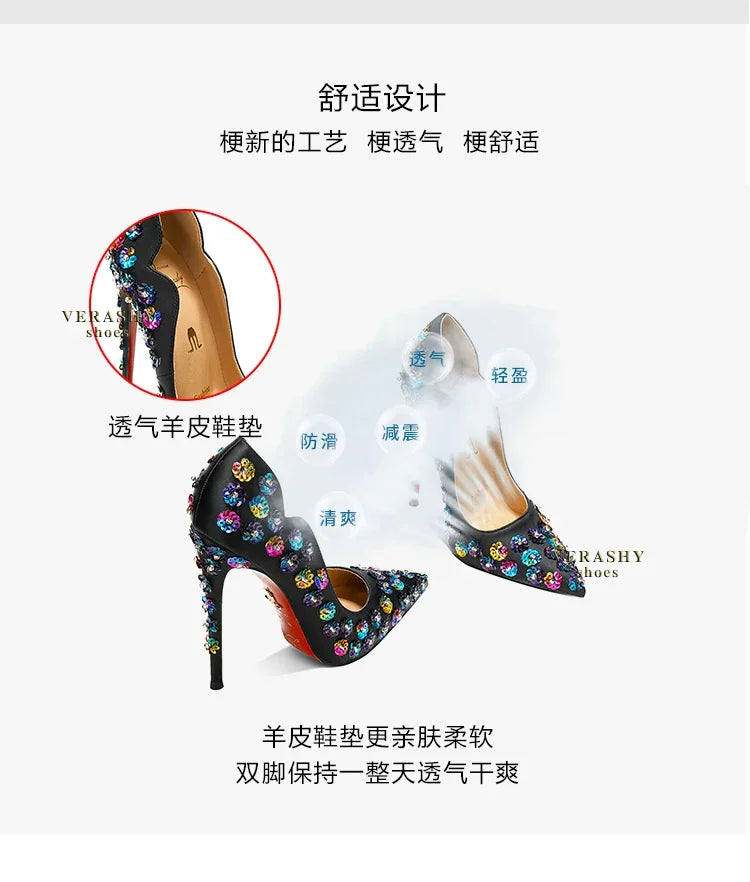 2025 Spring New High Heels Women's Embroidered Beaded Black Sexy Queen's Heel 10-12cm Pointed