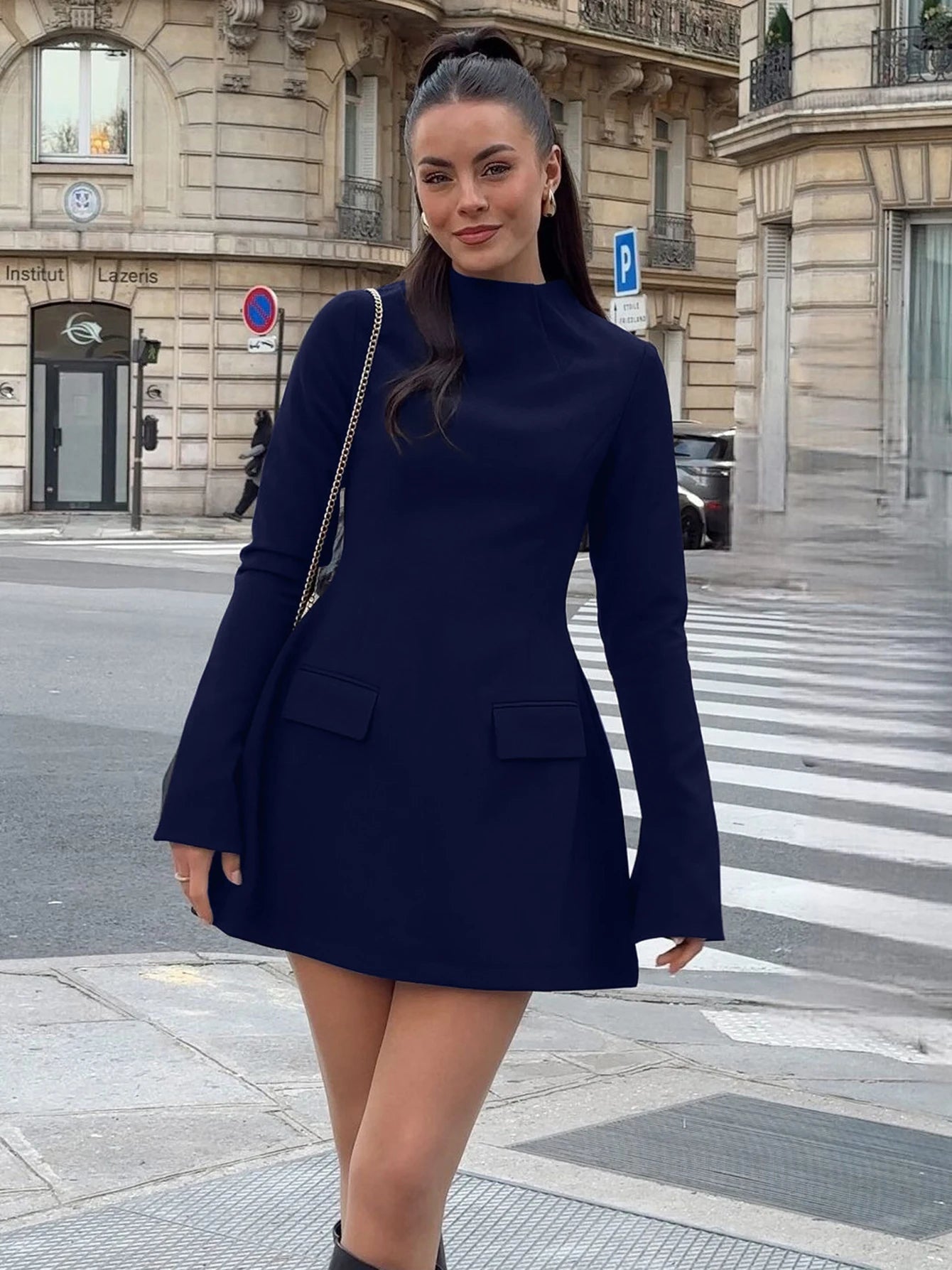Dulzura Langarm Reißverschluss Bodycon Minikleid mit Taschen Einfarbig Elegantes Outfit Büro Streetwear Damen Herbst Winter Kleidung