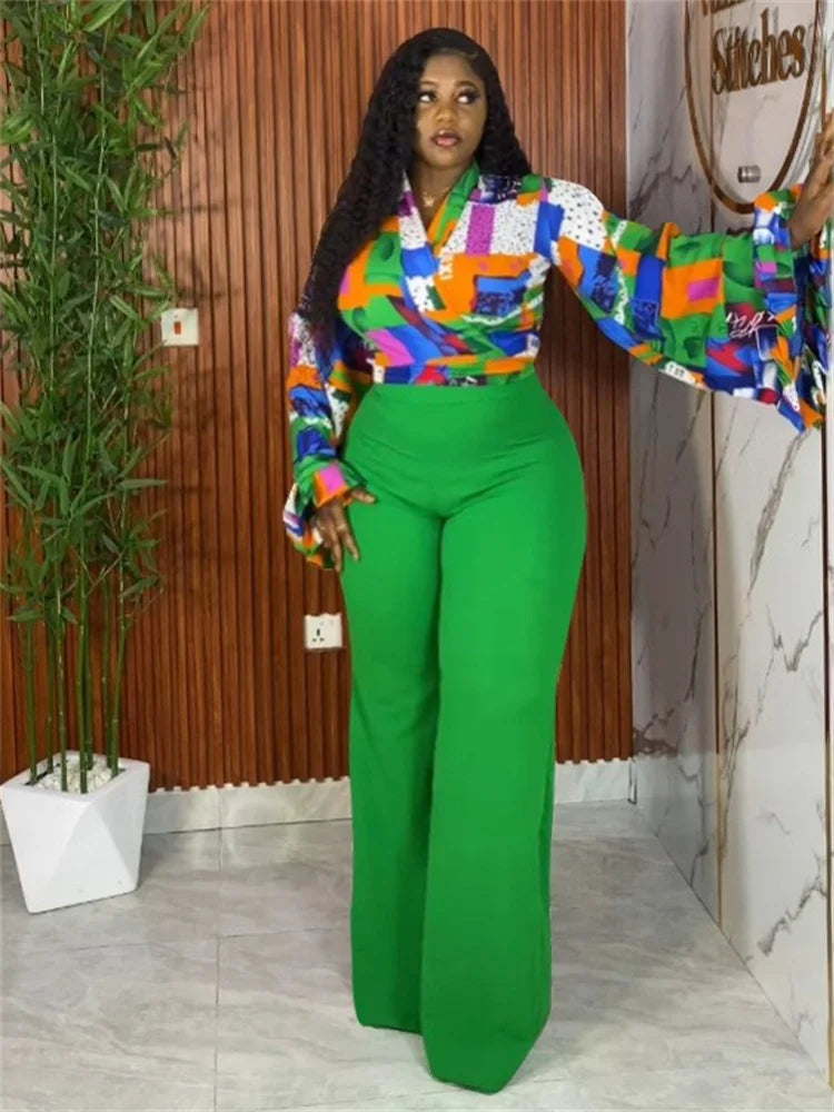 Wmstar Plus Size Two Piece Sets Wholesale Long Sleeve Print Top and Wide Leg Pants Matching Suit Fall Clothing Dropshopping