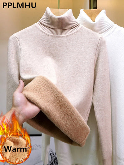 Damen Rollkragen Winterpullover Elegant Verdicken Samt Gefüttert Warmer Strickpullover Slim Tops Jersey Strickmode Jumper Neu