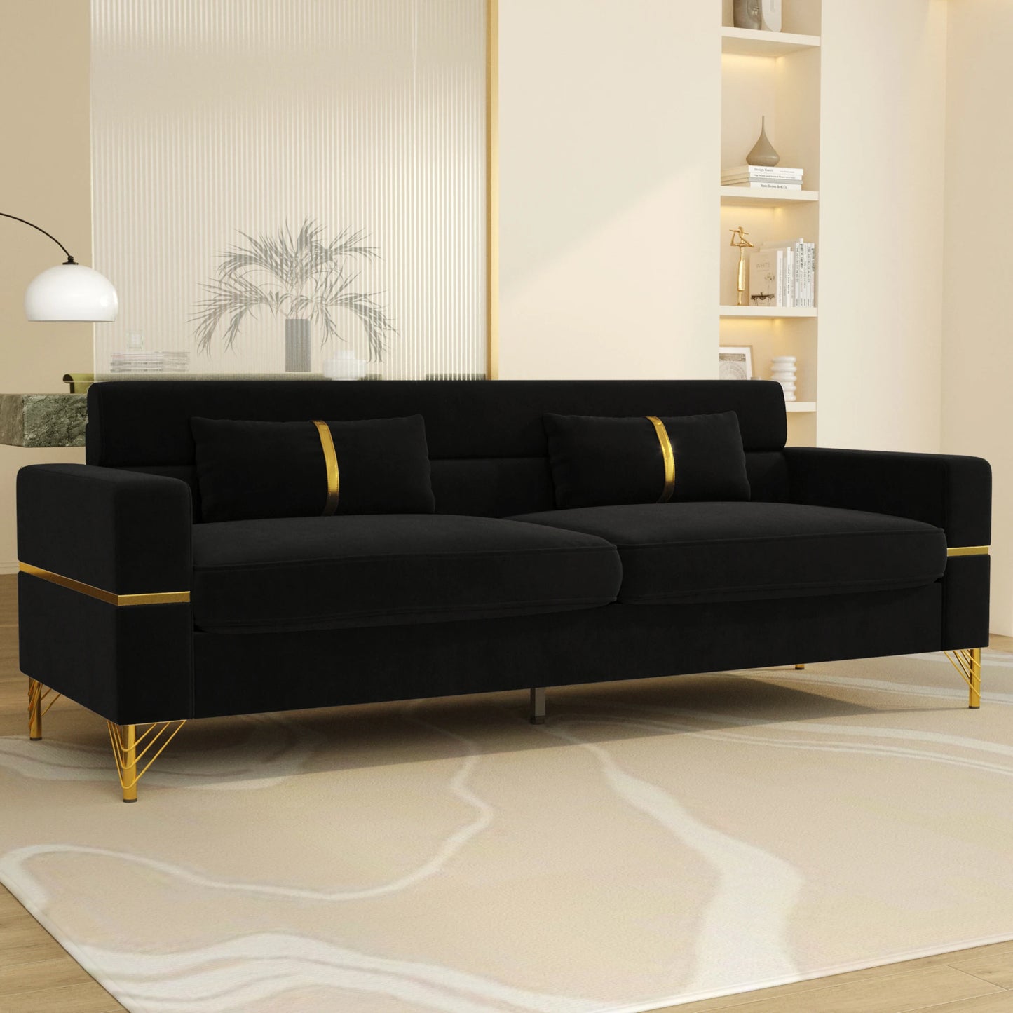 86-Zoll-Samtsofa mit goldenen Beinen – Bequemes Sofa, Loungesofa, 3-Sitzer-Couch – Luxuriöses Samtsofa für die Wohnzimmereinrichtung