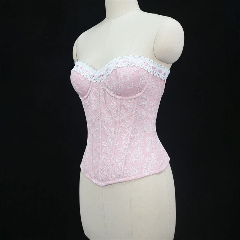 Sexy Women Pink Overbust Corset Crop Top Sweet Lace Patchwork Slim Fit Strapless Bustier Chic Party Summer Clothes Streetwear