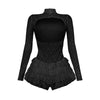 CM.YAYA Damen Langarm Spitze Rüschen geraffte hohe Taille kurzer Jumpsuit Streetwear Rückenfrei Einteiler Strampler Overall