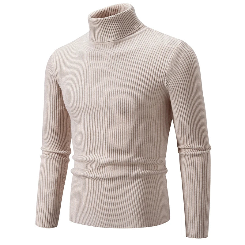 Autumn Men's Turtleneck Sweater Winter Knitted Striped Warm Outdoor Tops