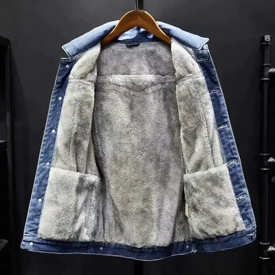 Verdickte Fleece-gefütterte Jeansjacke Herren Locker Warm Arbeitskleidung Trendiger Koreanischer Stil Vielseitige Übergröße Freizeitkleidung