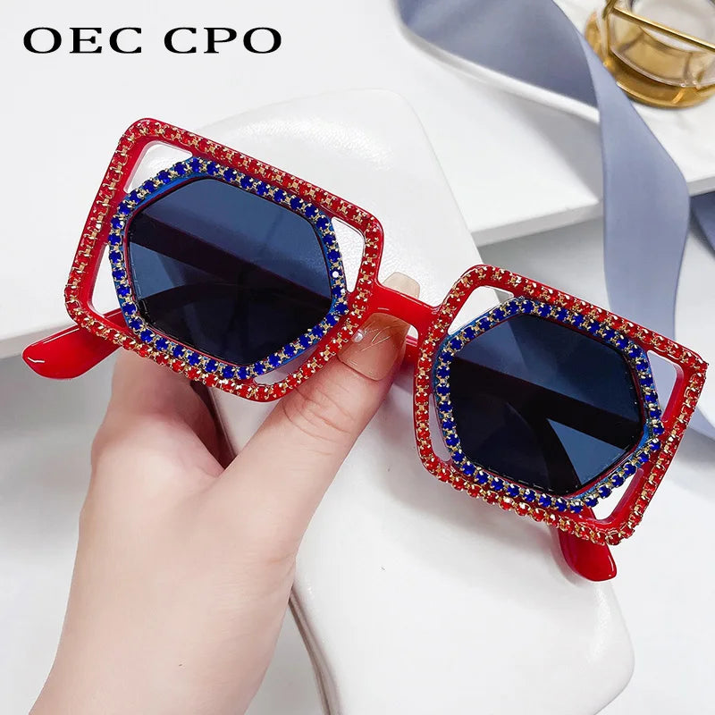 Quadratische Luxus Diamanten Sonnenbrille Damen Punk Mode Strass Sonnenbrille Weiblich Glänzend Sexy Gelbe Linse Brille Schatten Handgemacht