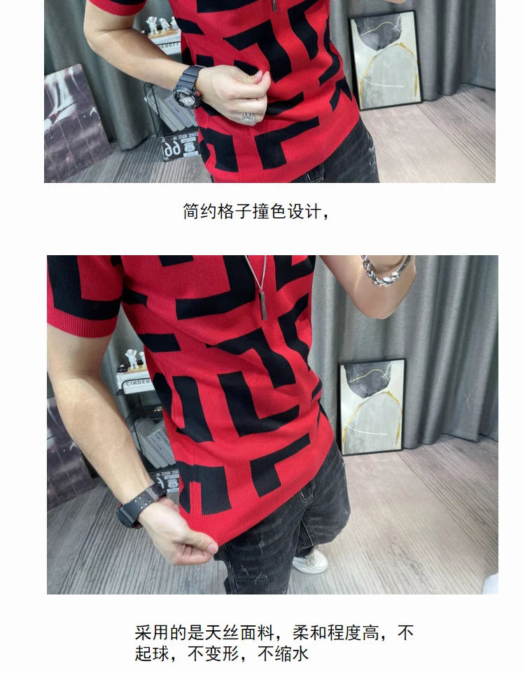 Luxury Men Autumn Knitted Tshirt 2024 Korean O-neck Short Sleeve Top Tees Streetwear Male Social Club Slim Fit Casual T-Shirt