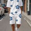 Fashion Men's Black and White Flower Graphic Print T-shirt Shorts 2-piece Set O-neck Short Sleeve Top Elastic Waist Shorts Set