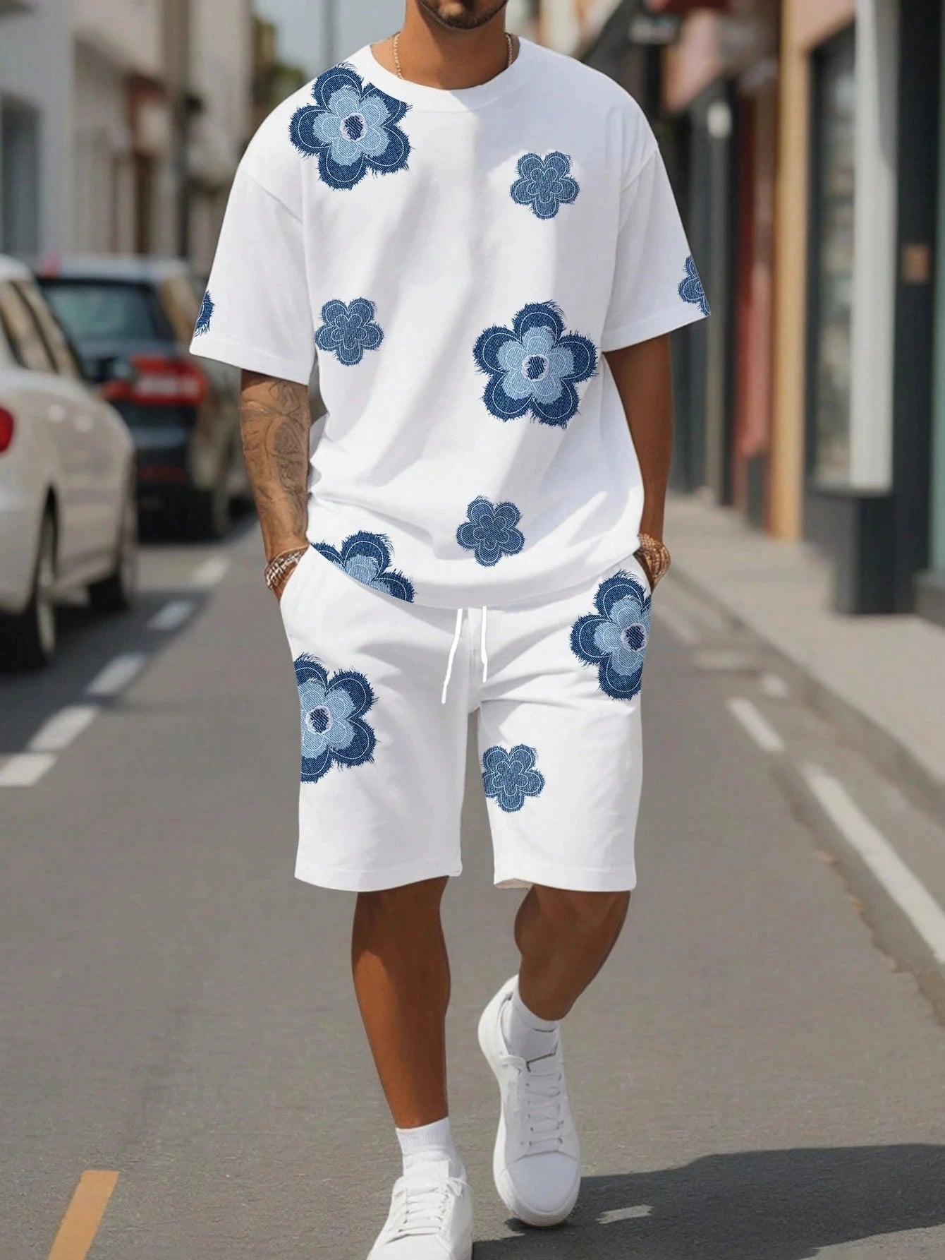 Fashion Men's Black and White Flower Graphic Print T-shirt Shorts 2-piece Set O-neck Short Sleeve Top Elastic Waist Shorts Set