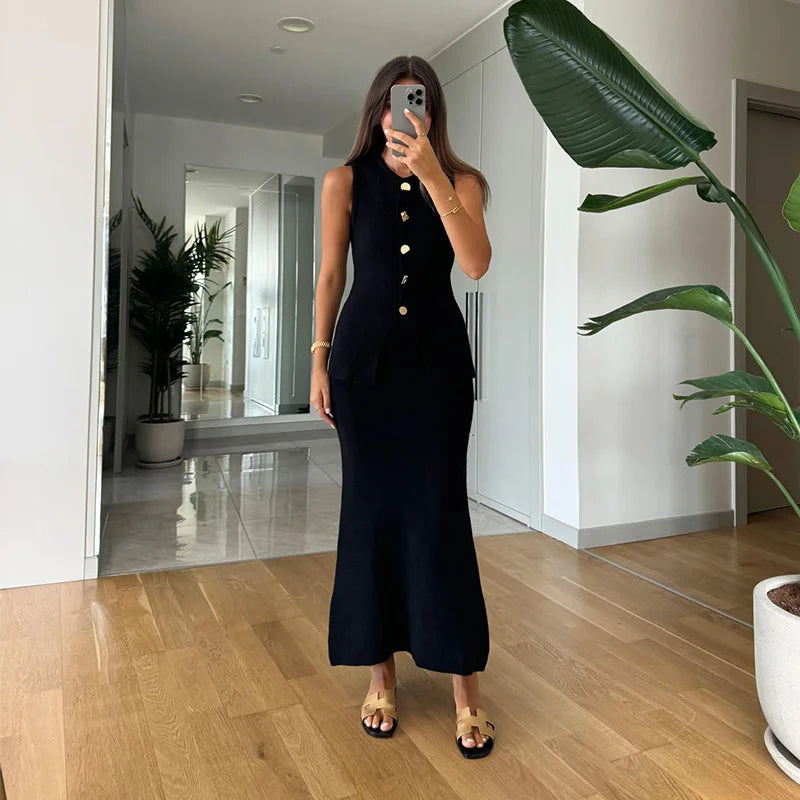 Elegant Knit Vest Suits Women Solid Single Breasted O-neck Sleeveless Slim Waistcoat Bodycon Midi Skirts 2025 Spring Lady Outfit