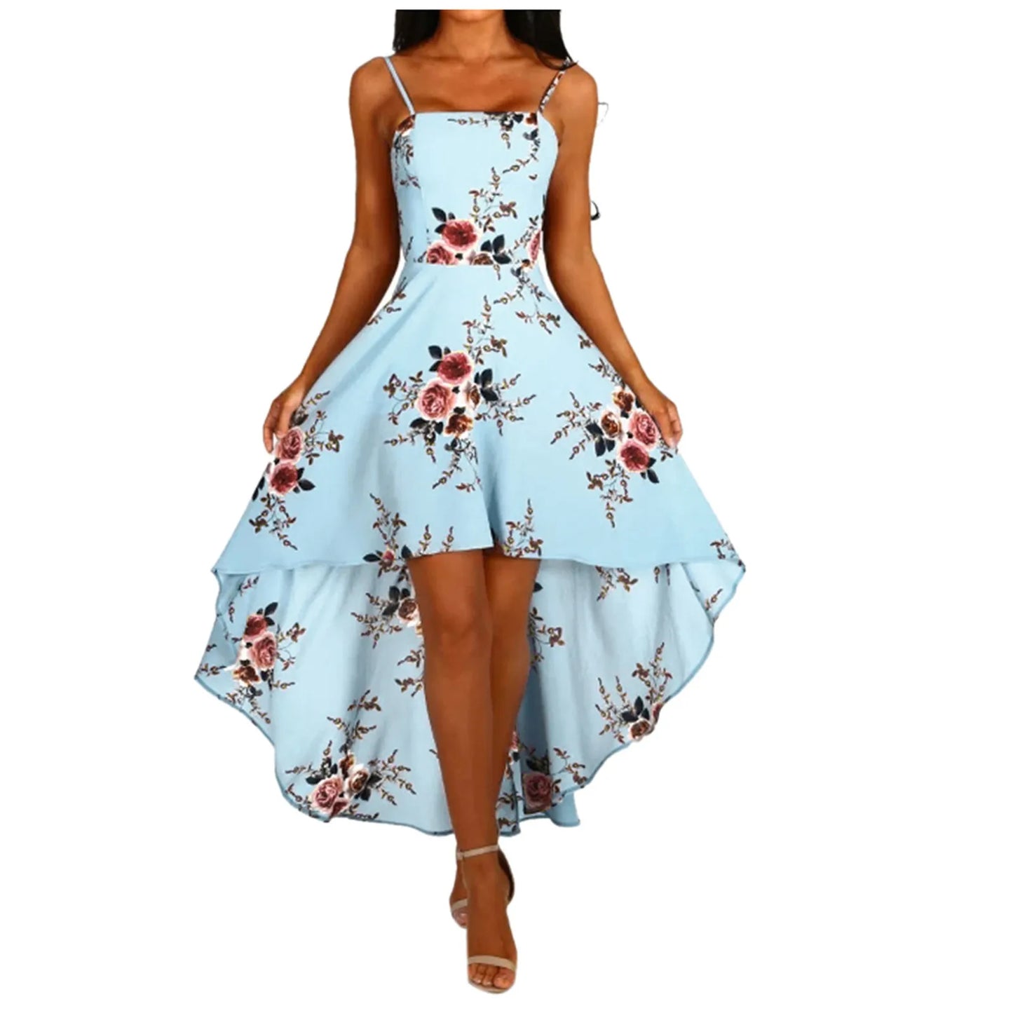 Women Holiday Floral Print Long Dresses Summer Spaghetti Strap Beach Swing Party A Line Dress Sexy Backless Irregular Dress Robe