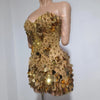 Sparkly Gold Rhinestone Sequins Sexy Strapless Mesh See Through Mini Dress Women Eveing Birthday Party Nightclub Stage Costume