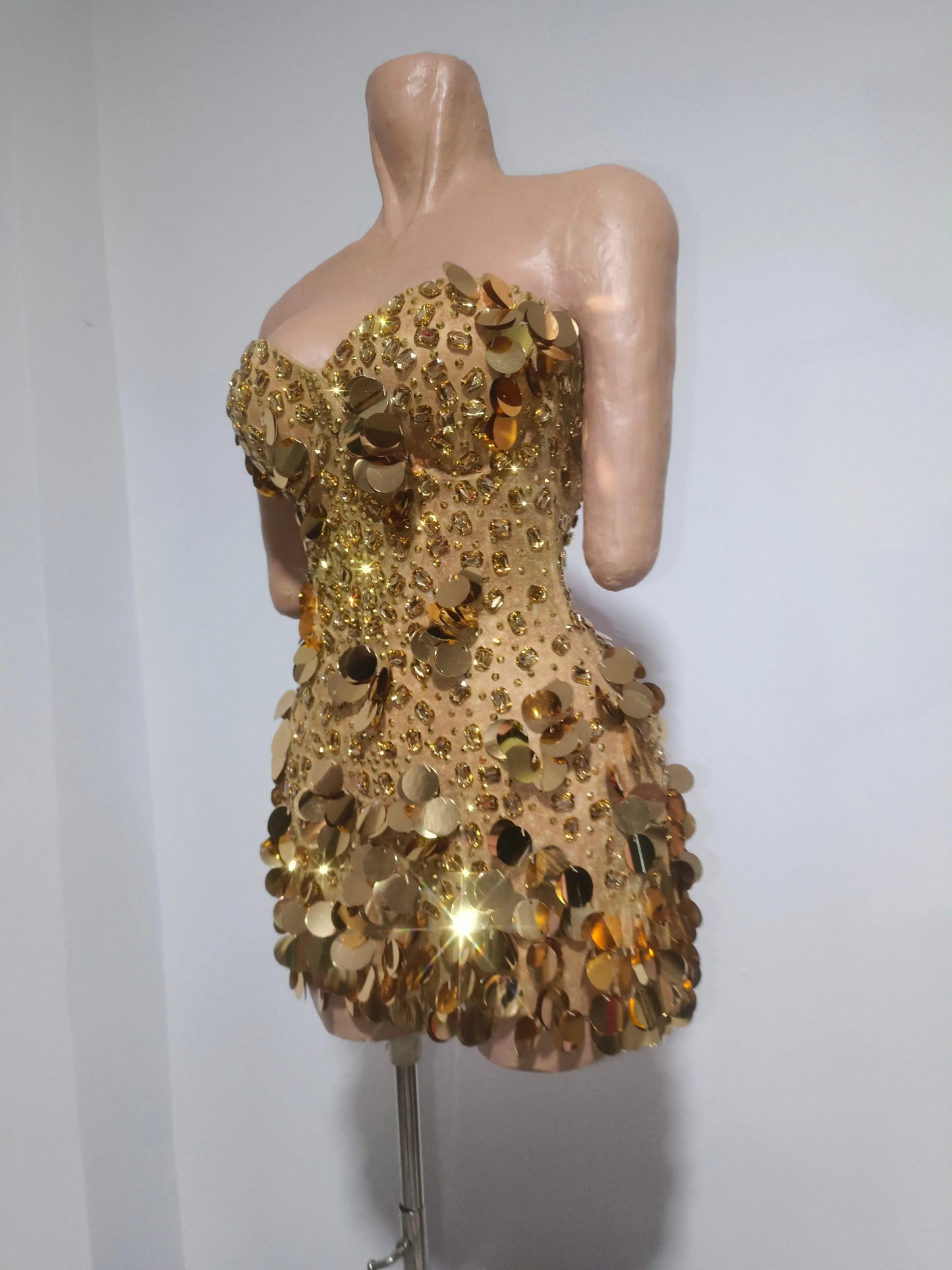 Sparkly Gold Rhinestone Sequins Sexy Strapless Mesh See Through Mini Dress Women Eveing Birthday Party Nightclub Stage Costume