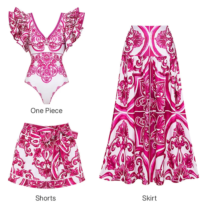 Flaxmaker Long Sleeves Majolica Series Pattern Print One Piece Swimsuit Biquini Beachwear Women Sexy Bikini Sets Swimsuit