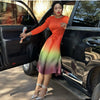 Miyaki Plus-Size Women's Dress with Pleated Design, Puff Sleeves, Long Sleeves, Gradient Color-Blocking, Mid-Length Dress, Popular in Europe and America, Suitable for Daily Wear, Travel, and Dates