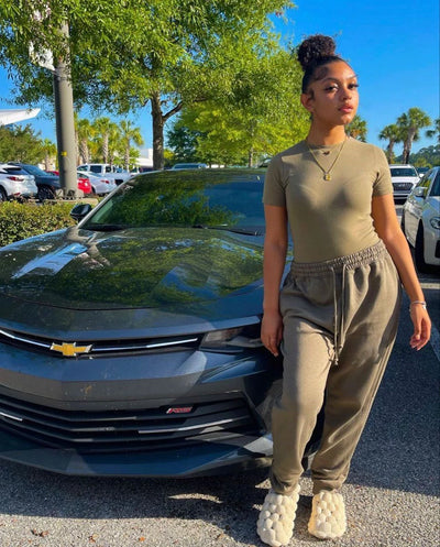 Two Piece Versatile Solid Color Sports And Leisure Set, Women's Cotton Slim Fit T-shirt Paired With Loose Jogging Pants