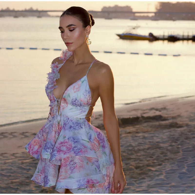 Damen Batik 3D Blumen Tief V-Ausschnitt ausgestellte Ärmel Minikleider Mode Slim Bedruckt Mehrfachfalten Vestidos Neue Damen Urlaubskleidung