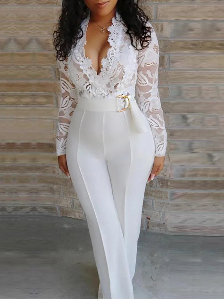 Sexy Deep V-neck Solid Jumpsuit Elegant Office Lady Hollow Lace Long Sleeved Slim Belt Jumpsuit Autumn Commuting Women Clothing